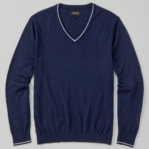 Perfect Tipped Merino Wool V-Neck Navy Sweater featured image