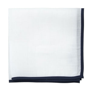 White Linen With Border Navy Pocket Square