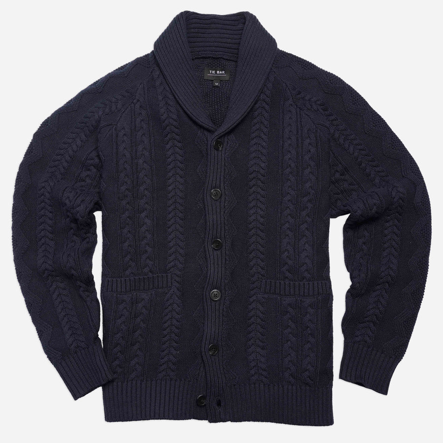 Cable Shawl Cardigan Navy Sweater | Cotton Sweaters | Tie Bar