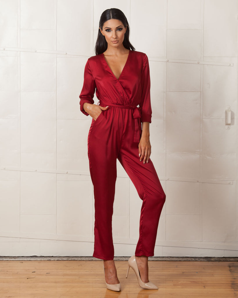 satin red jumpsuit