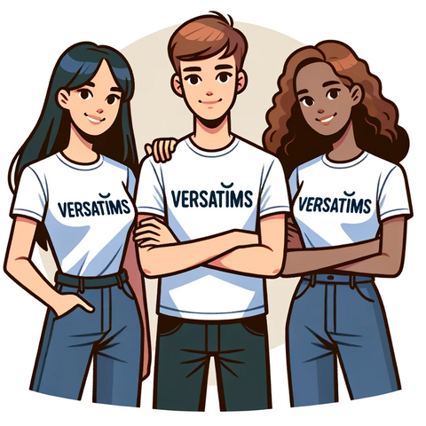 DALL·E 2023-10-27 00.24.05 - Vector design of a diverse group of three people, each wearing a t-shirt with the word 'versatims', posing together in a friendly manner.png__PID:13a8b657-f659-4b48- 8c13-27b8f1af4a54