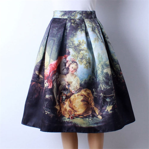 Vintage Retro Gothic 50s Oil Painting Midi Pleated Skirt - Pretty Fashionation