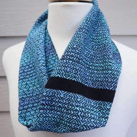 handwoven infinity scarf in blue and green colours