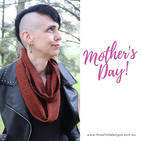 alternative mother's day mum wearing handwoven scarf