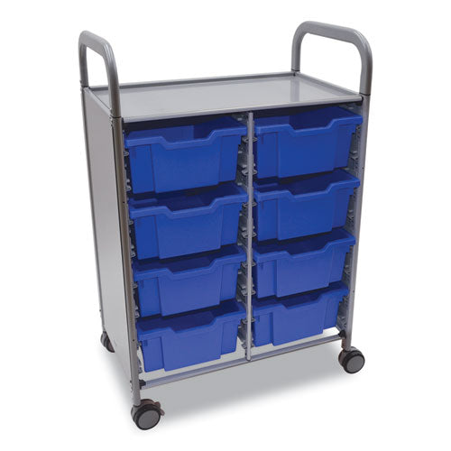 Callero Plus Double Column Trolley Set 13, Metal, 1 Shelf, 8 F2 Deep Bins, 27.4" X 17.3" X 41.5", Silver/royal Blue