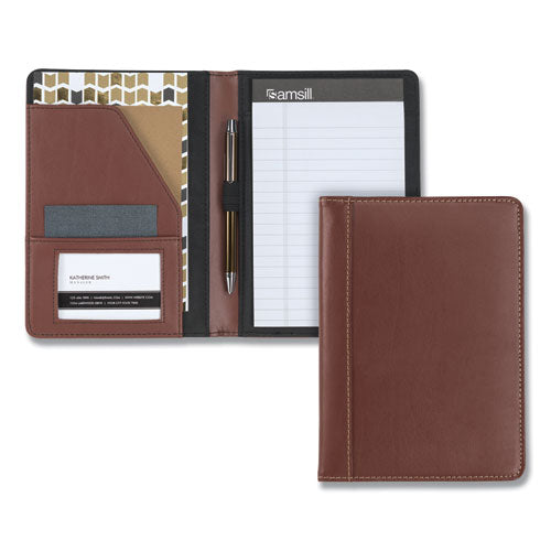 Contrast Stitch Leather Padfolio, 6 1-4w X 8 3-4h, Open Style, Brown