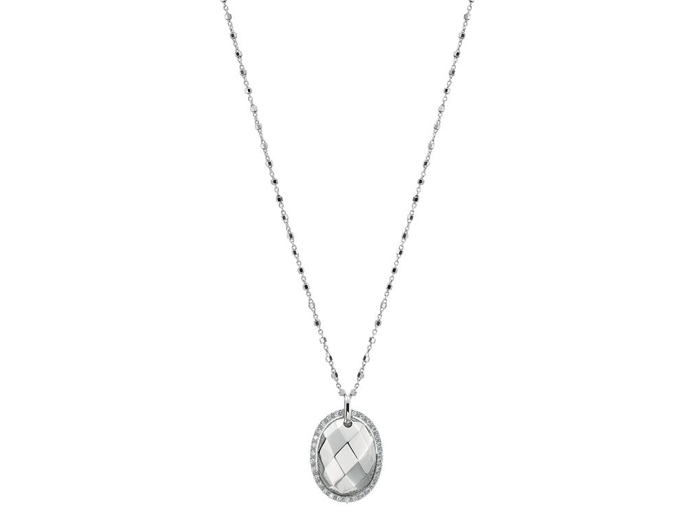 Alor 18 karat faceted White Gold with 0.15 total carat weight Diamonds on White Gold diamond cut chain. Imported.