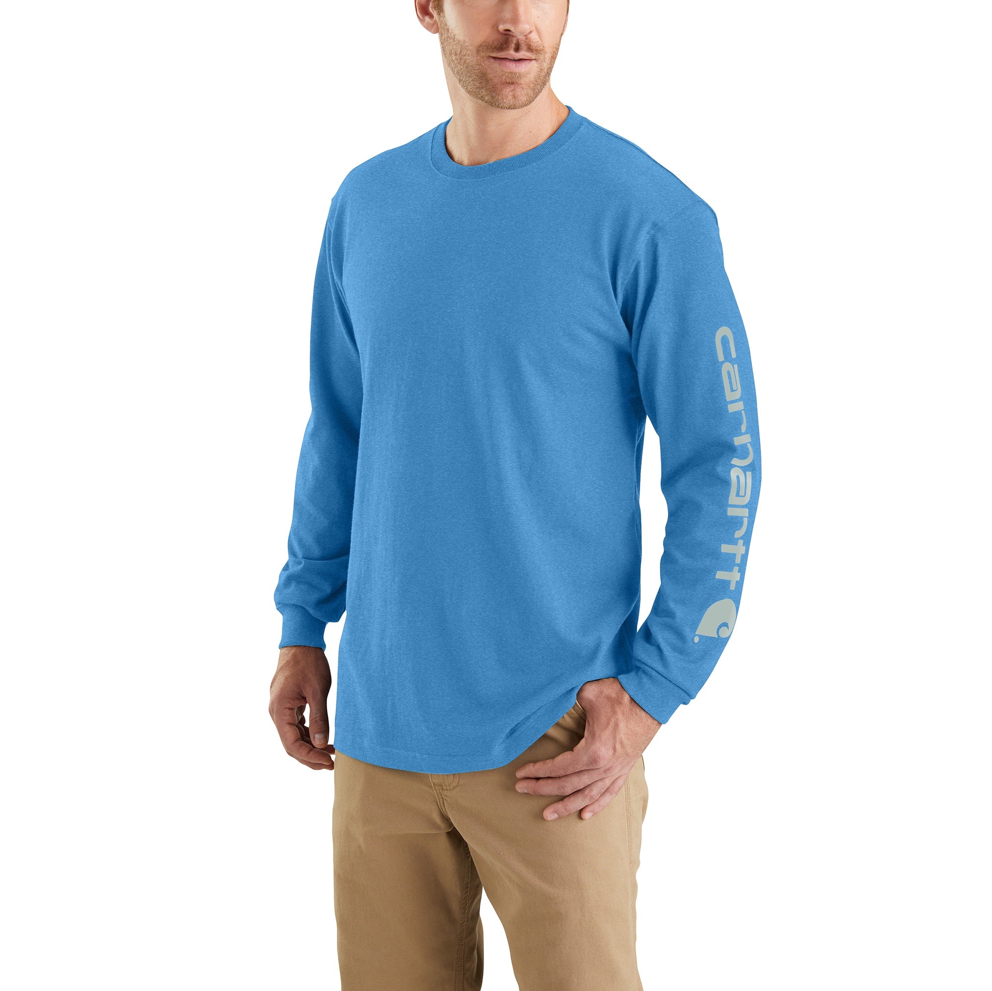 Carhartt Men's Signature Logo Long Sleeve T-Shirt_Blue Lagoon Heather ...