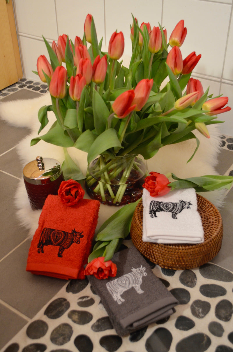 Oh La Vache Guest Hand Towel with Embroidered Cow. Red, Grey and White - Oh La Vache Boutique!