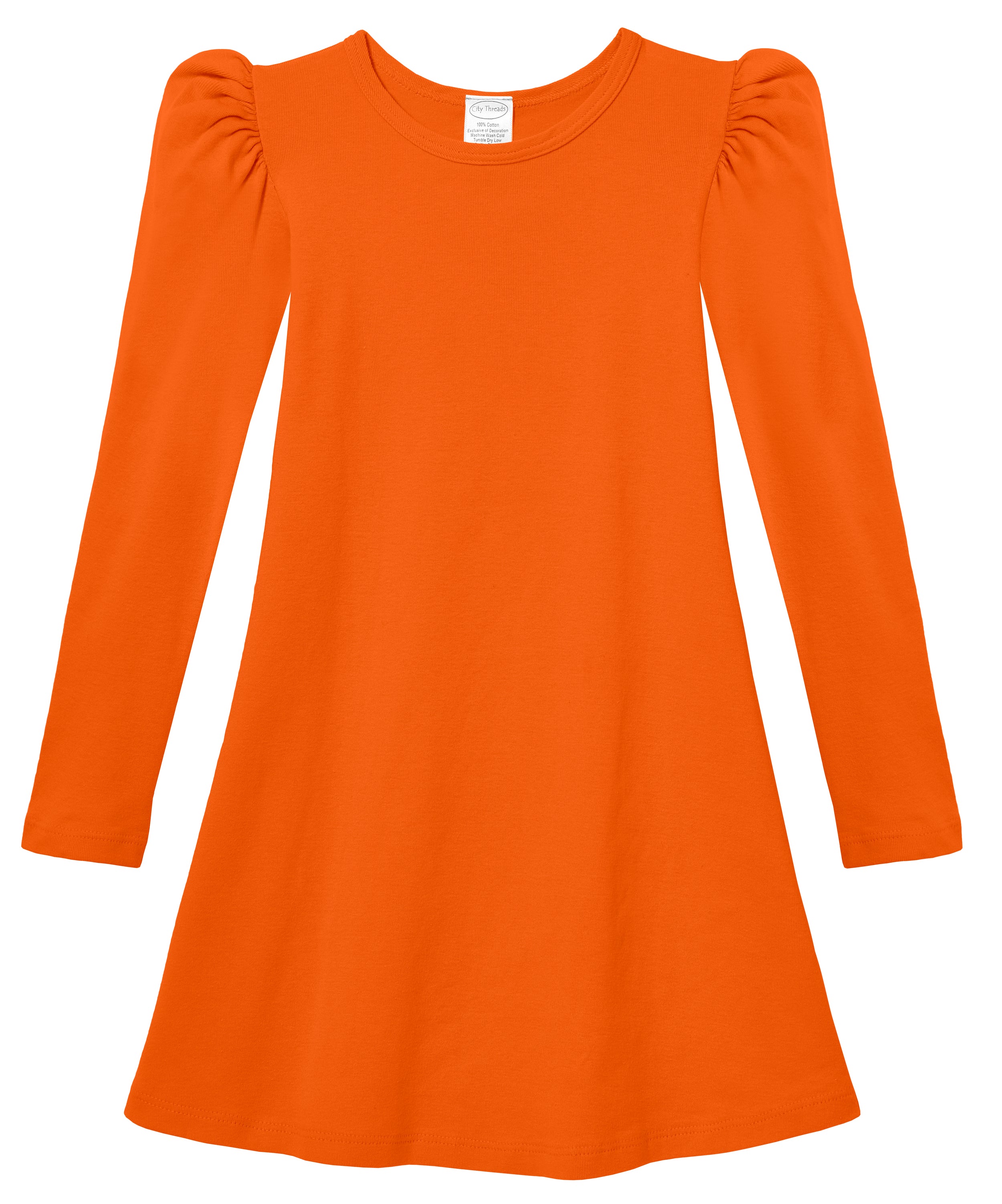 Image of Girls Puff Long Sleeve Dress | Orange