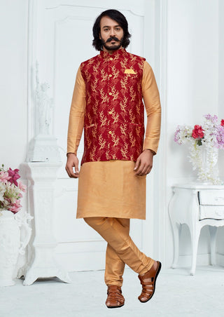 Buy Light Gold Art Silk Jacket Style Kurta Pajama (NMK-4286) Online