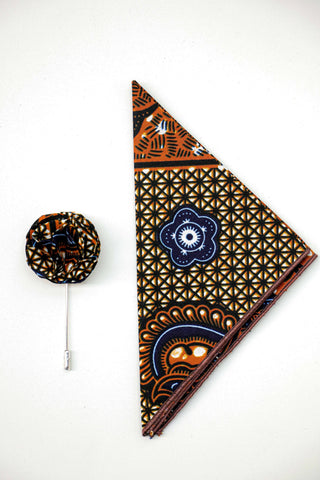 Brown and blue pocket square and lapel set