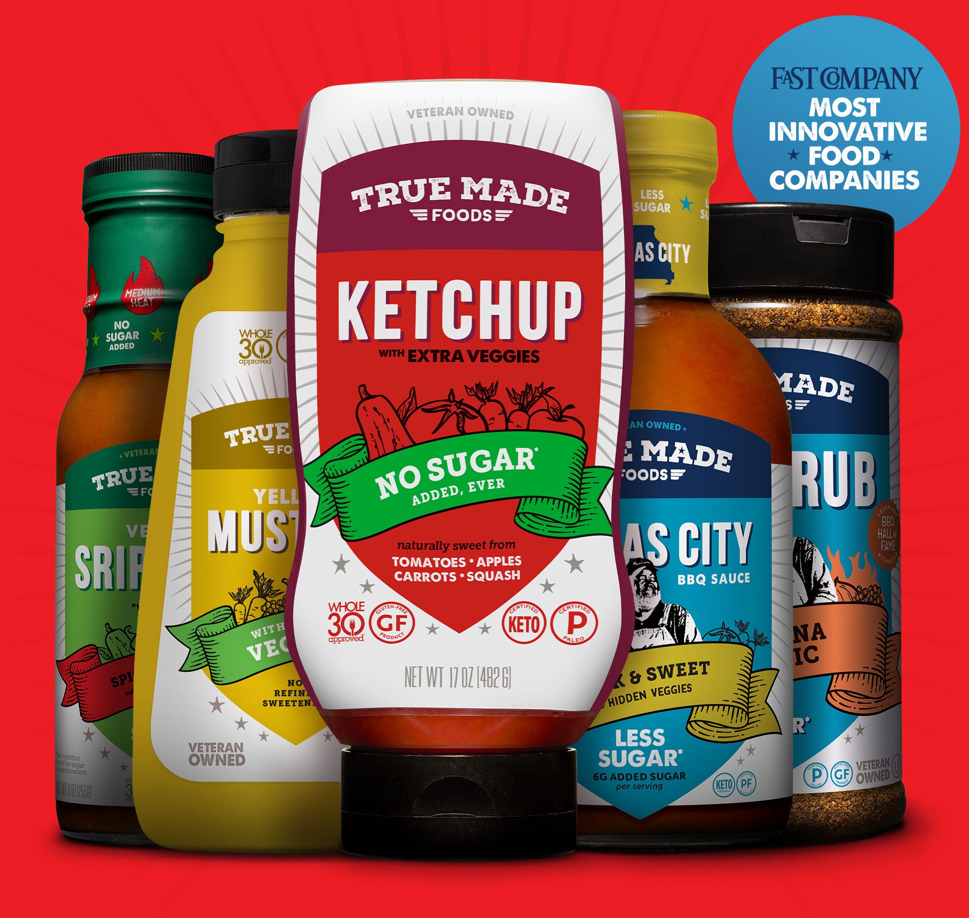 True Made Foods Veggie Ketchup, Mustard, Pitmaster BBQ Sauce, and Sriracha Sauce