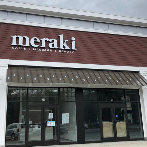 Meraki Spa in Lynnfield, MA front entrance and signage that reads, 'nails, massage, beauty.'