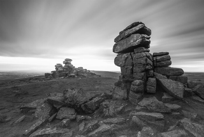 Great Staple Tor on Dartmoor in a black and white photographic picture