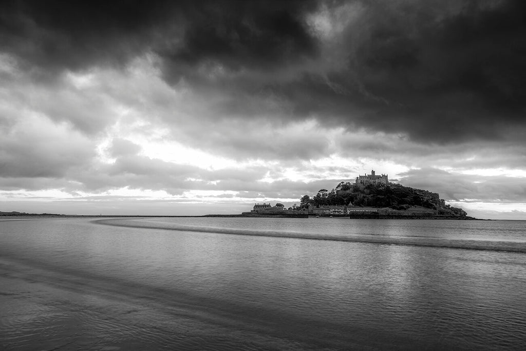 one of our photographic prints and landscape photographic photos of st michaels mount on the cornish coast not far from the little village of marazion