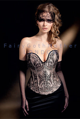 Deep plunge overbust corset with delicate black French lace overlay