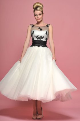 Tea length 50's style tulle dress with black vintage inspired lace applique