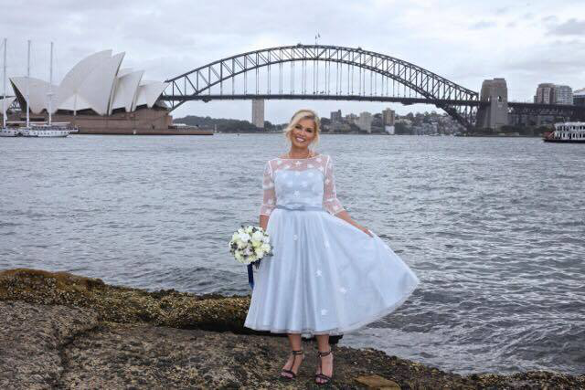 Pale blue retro  tea length wedding dress on Sydney harbour