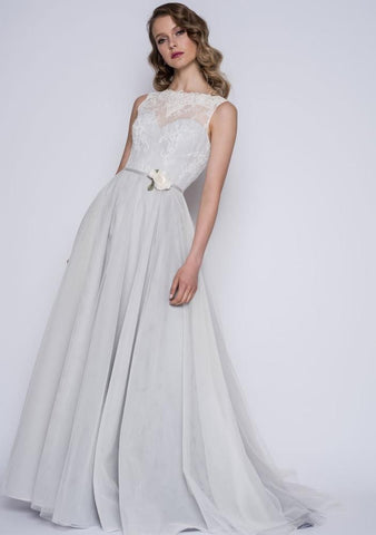 Modern grey boho soft tulle A line wedding dress London