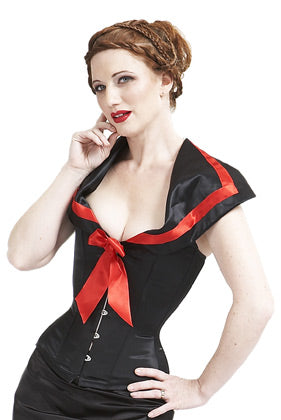 Black taffeta overbust corset with wide collar and lush red ribbon detailing