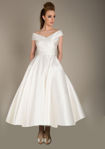Mikado tea length wedding dress available in plus sizes 16-32