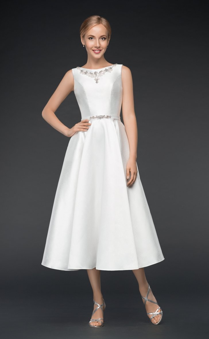 Image of Katie - a simple light weight Ivory Mikado satin wedding dress with embellished bodice