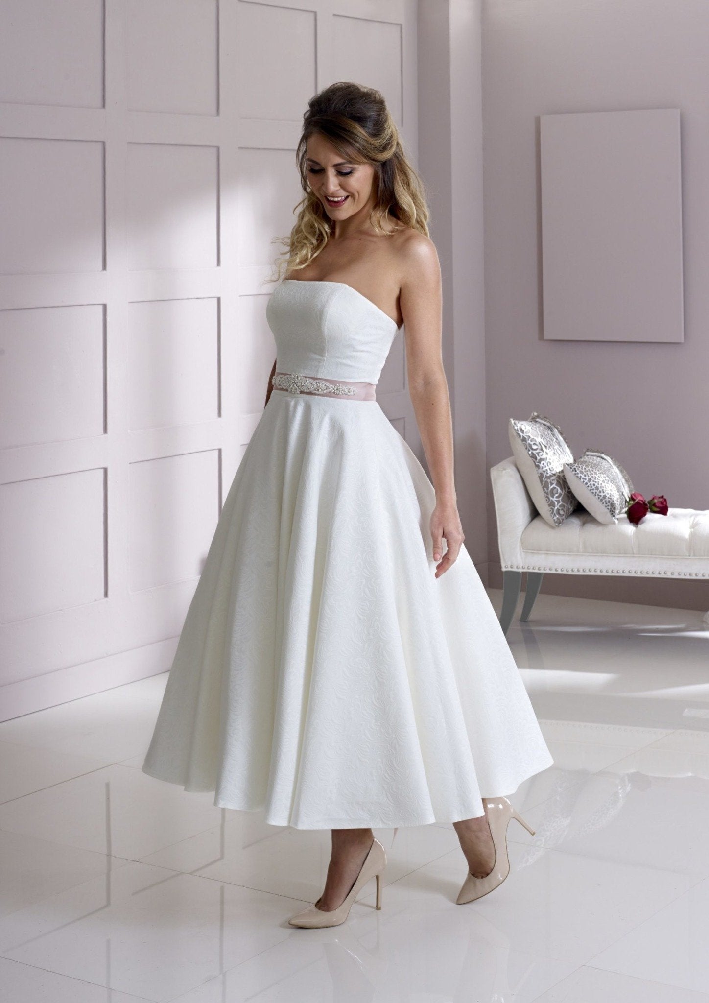 Plunging V-Neck Bridal Gown with Tulle Handkerchief Skirt by