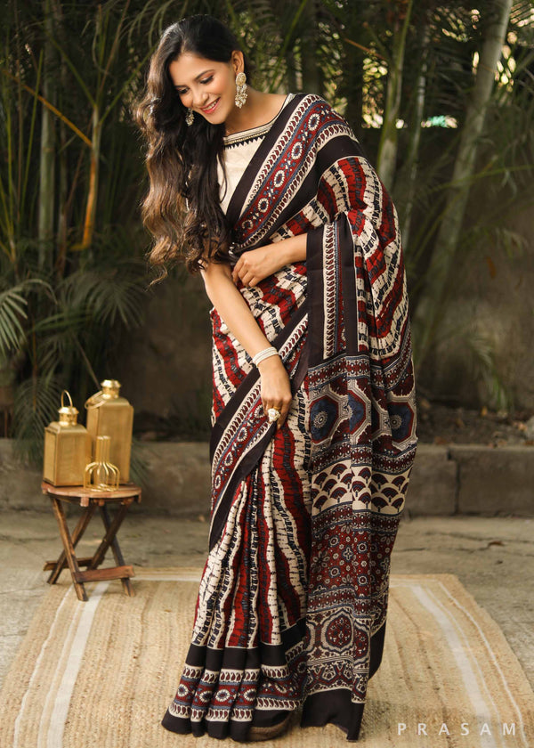 Modal Silk Ajrakh Saree - Brown 01 – Phulari