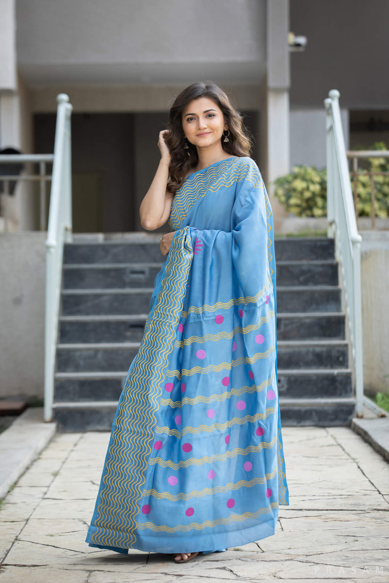 LOTUS POND-SILK MODAL BLOCK PRINT SAREE – Prasam Crafts