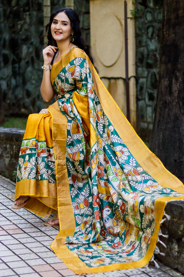 Soft Tussar Gicha Kalamkari Saree in Cadmium Green, Beige and Black –  Bengal Looms India