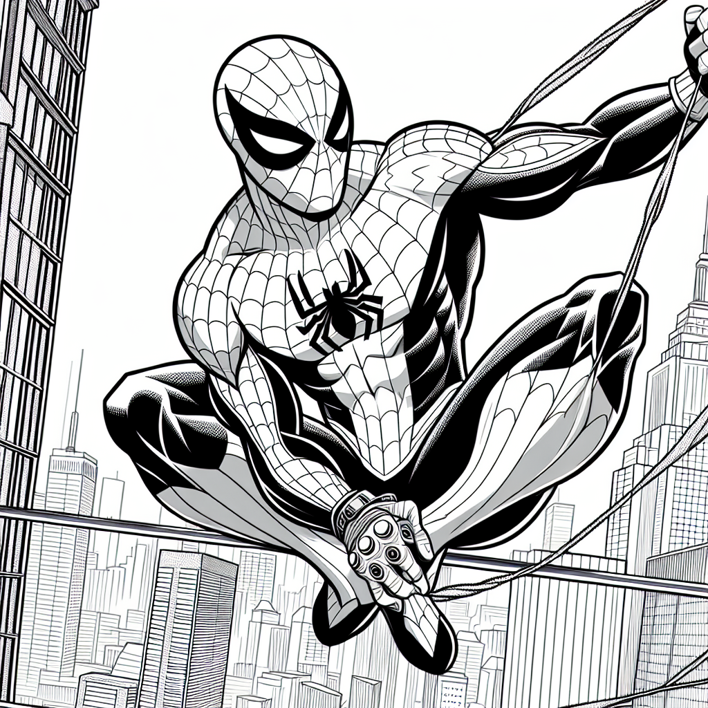 A simple, enjoyable and engaging coloring page that a seven-year-old child would like. The image should depict a masked superhero. This superhero has an athletic figure and is noted for his particular love for swinging from tall city structures using silken threads, much like a spider. He is dressed in a form-hugging costume primarily featuring web patterns. His gloves have silken thread-shooters mounted on them. This superhero strikes a dynamic, acrobatic pose on a city skyscraper. Remember to keep the image in black and white to allow for coloring.