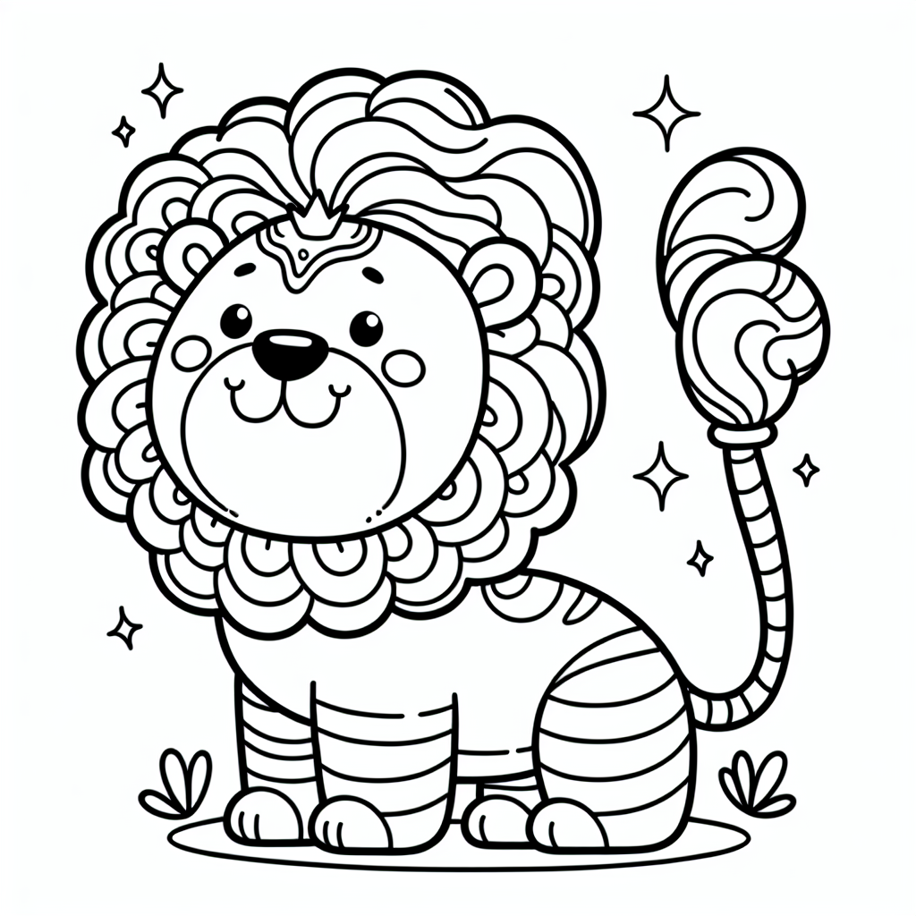 Design a black and white coloring book page suitable for a seven-year-old. The page should feature a friendly and imaginative portrayal of a lion, complete with detailed features such as a mane, tail, and distinctive lion face. The lines should be thick and clear for easy coloring, while maintaining a sense of fun and creativity.