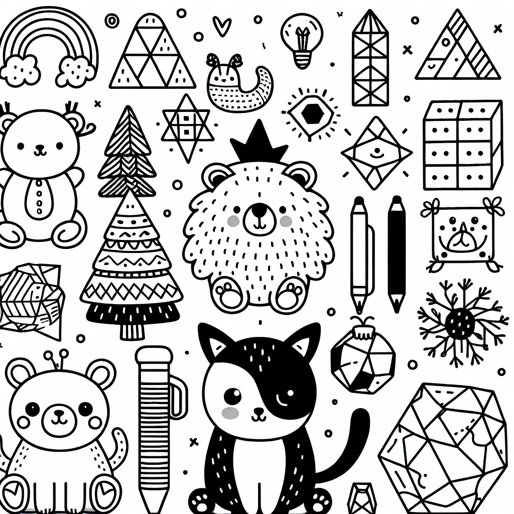 Create a simple black and white coloring book page suitable for a 7-year-old child. The page should include an array of interesting elements such as adorable animals, geometric shapes, simple objects or nature scenes, which should be easy and fun to color.