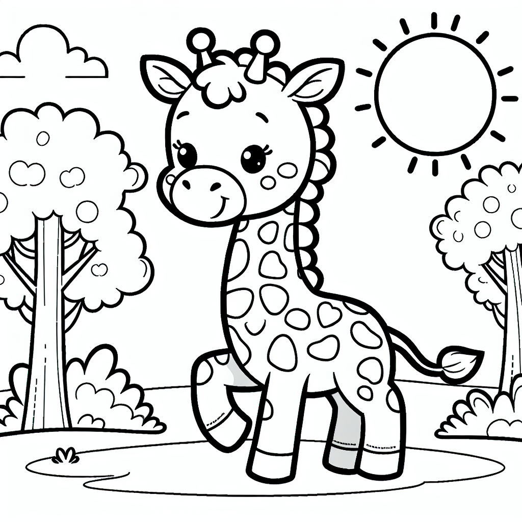 Create a simple and child-friendly coloring page suitable for a 7-year-old, featuring a delightfully drawn giraffe in a playful pose. The image should be in black and white, with outlines clear and broad for easy coloring. Additionally, the giraffe could be situated in a natural setting, perhaps with a few trees and the sun, to make the scene more interesting and fun to color.