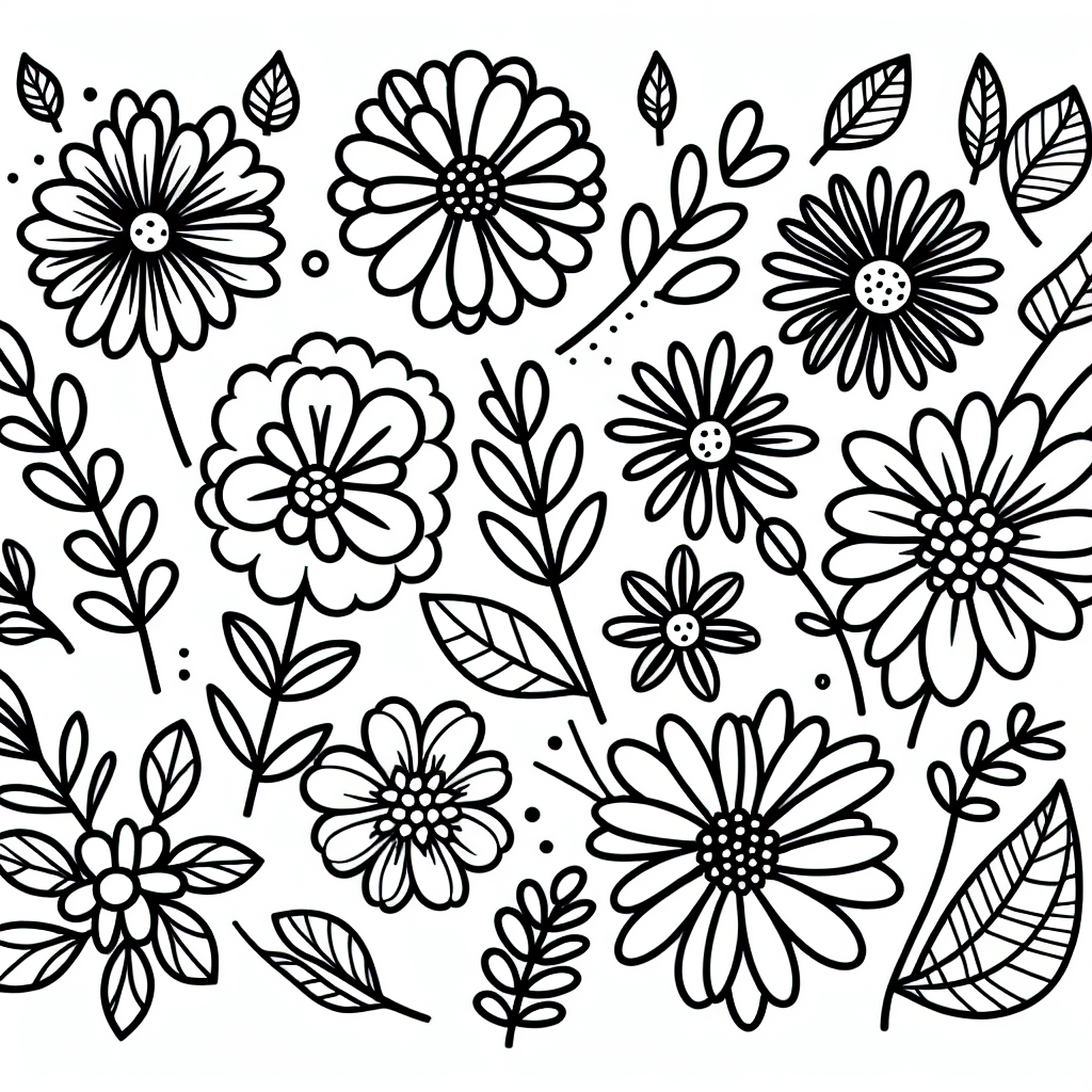 Create a basic black and white coloring book page that is appropriate for a 7-year-old. The design should be of flowers, however, they should not be overly complicated or intricate as if intended for adults. The page should feature different types of flowers with simple and clear outlines to make coloring easier for a child.