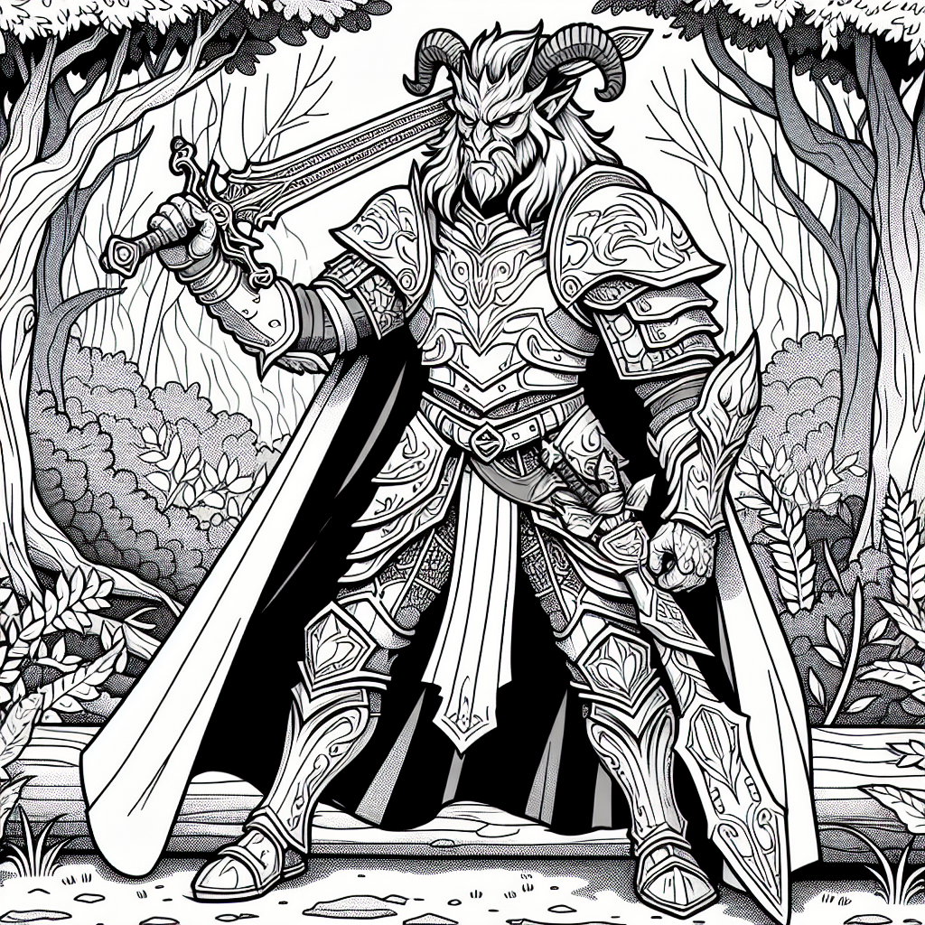 Create a black and white coloring page suitable for a 7-year-old, featuring a non-specific, mythical demon hunter. The character should be equipped with medieval attire and a large sword, set in a mystical forest, having a brave and determined appearance, resembling a traditional fairy tale hero.