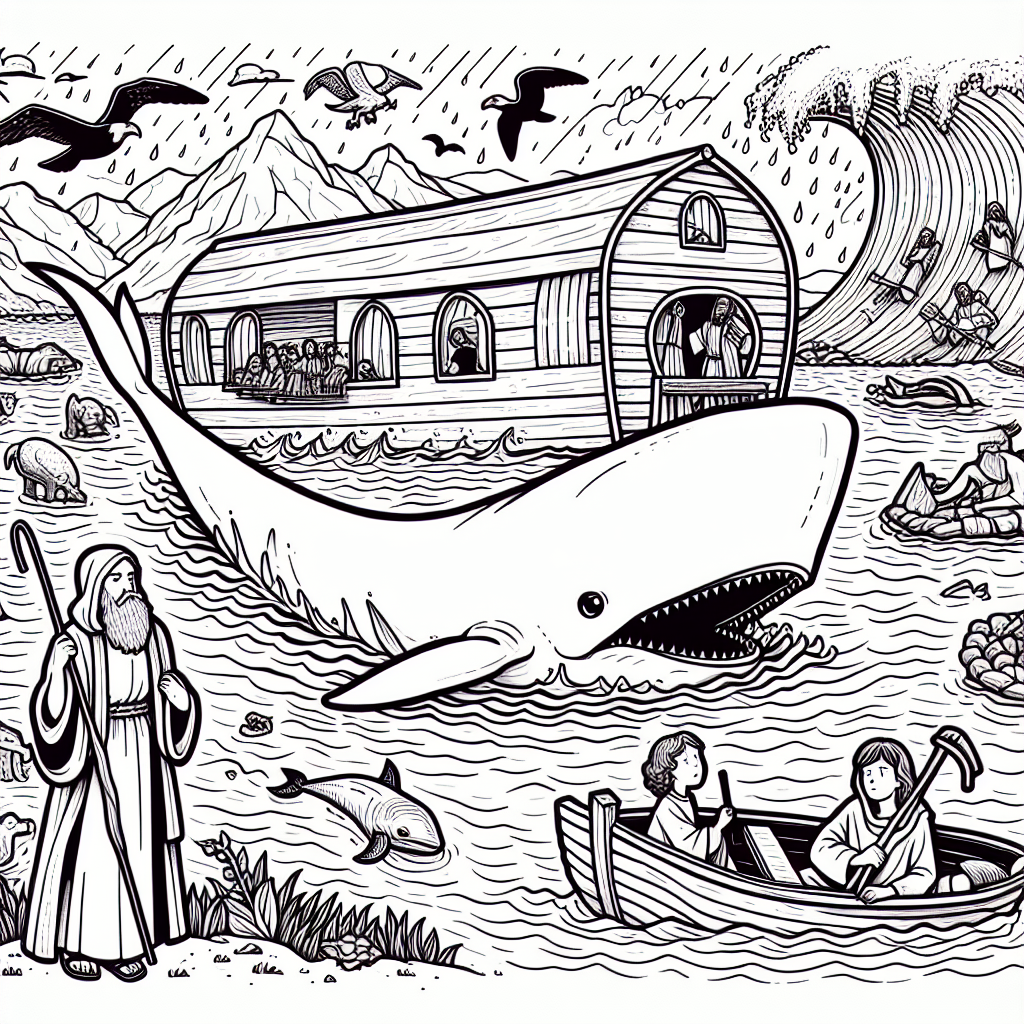Generate a black and white Bible-themed coloring page appropriate for a 7-year-old. This should include various scenes or elements common to biblical narratives, such as Noah's Ark, Moses parting the Red Sea, and Jonah inside the whale, ensuring that the images are simple, clear, and easy for a young child to understand and color. The drawing should be in basic line form, resembling a typical age-appropriate coloring book illustration.