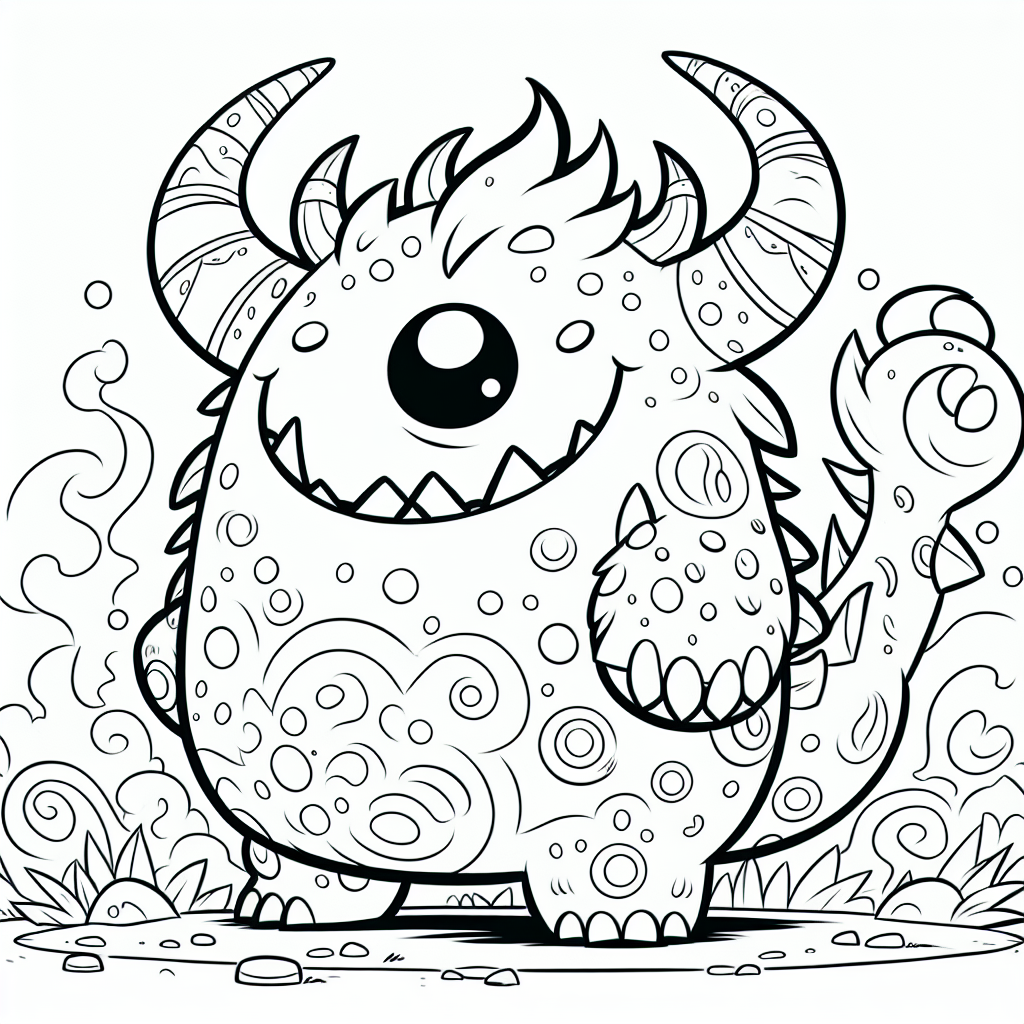 A basic monochrome coloring page for a 7 year old. The scene should depict a friendly-looking, fictional creature with stylized elements and details that resemble common features found in popular monster-based games. The design should be simple, suitable for young children to color, and in a format suitable for PDF printouts.