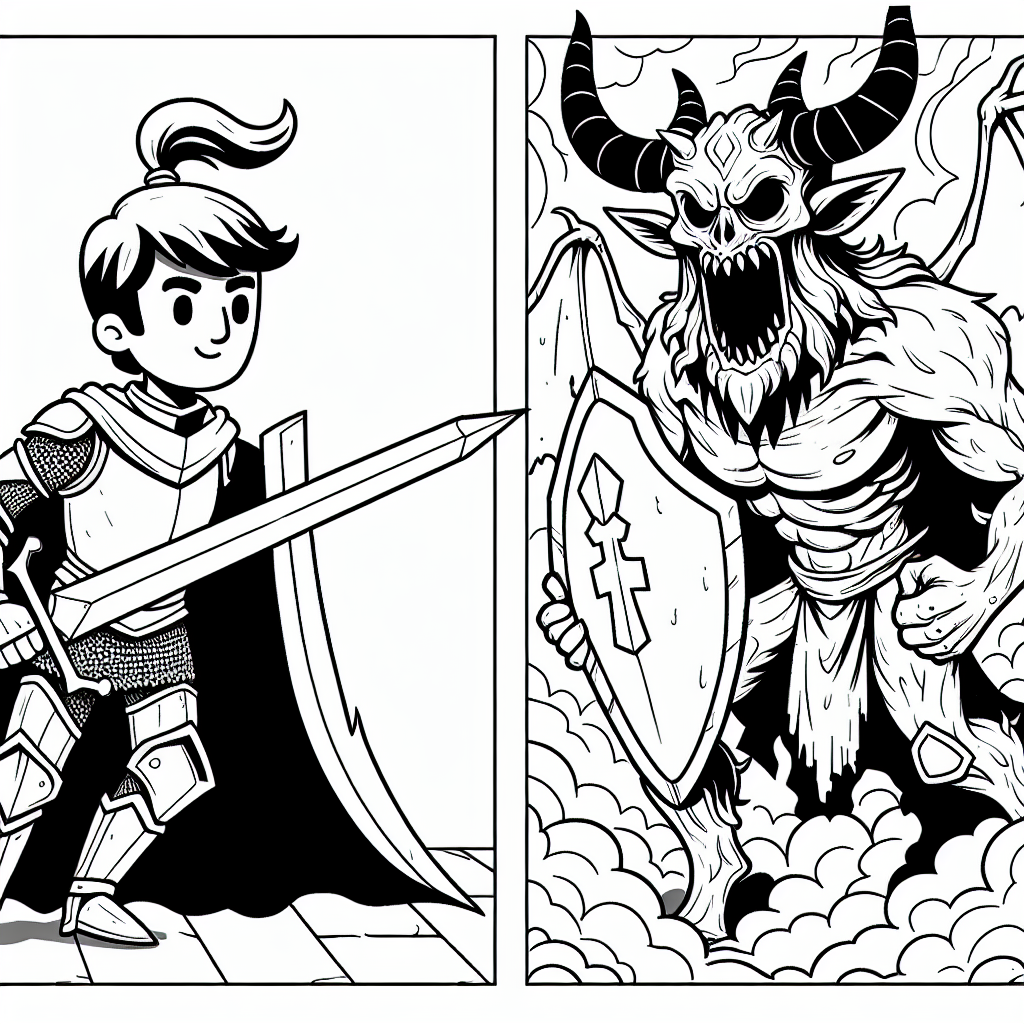 Create a basic black and white coloring book page suitable for a 7 year old, depicting a brave knight combating a fictional demon. The knight should be standing boldly, holding a shining sword, while the demon should be intimidating yet age-appropriate in appearance. Make sure to include elements of heavy detail for more intricate coloring.
