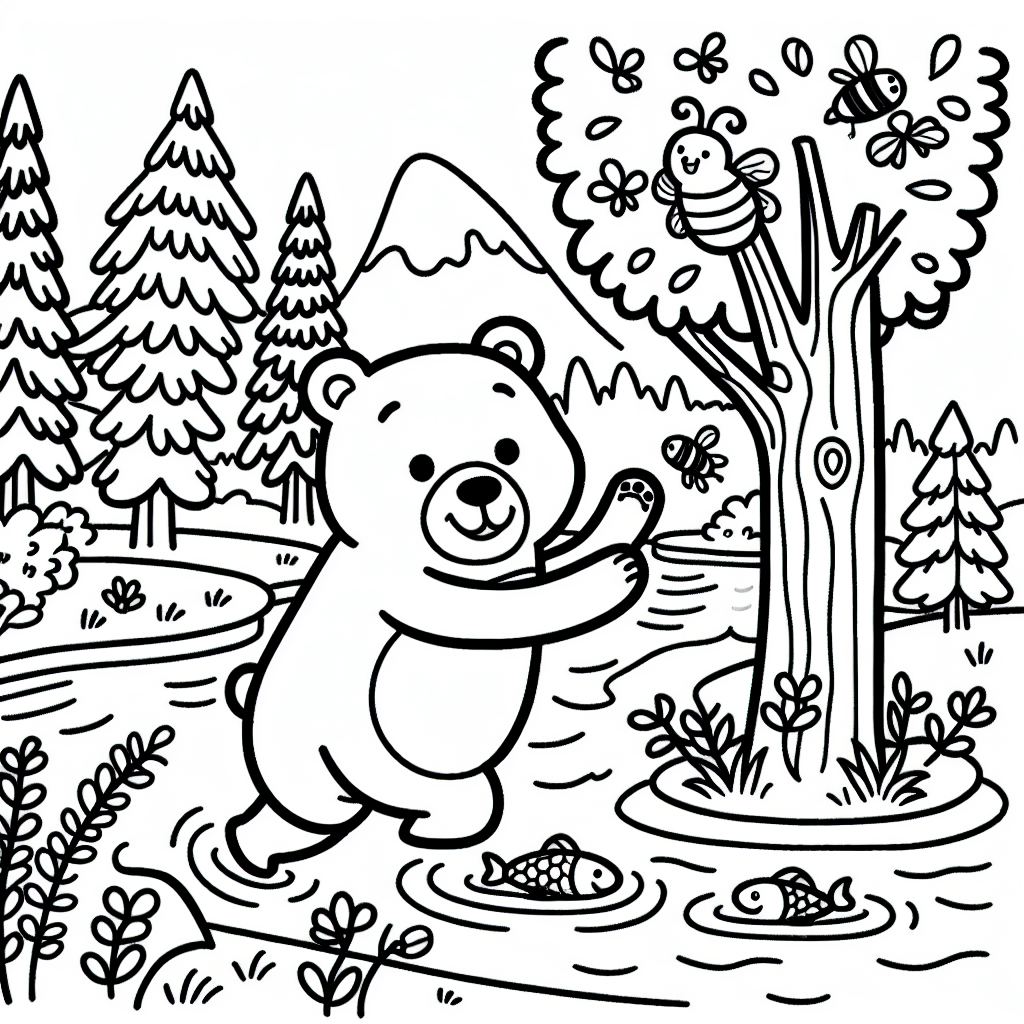 Create a basic, simplistic, black and white coloring book page suitable for a 7-year-old child. The main focus of the page should be a friendly bear, presented in an engaging and playful manner. The bear could be seen frolicking in a forest or meadow, catching fish in a river, or perhaps even climbing a tree, eagerly reaching for honey in a beehive. The scene should inspire creativity and allow plenty of room for children to add their own colors and touches to the page.
