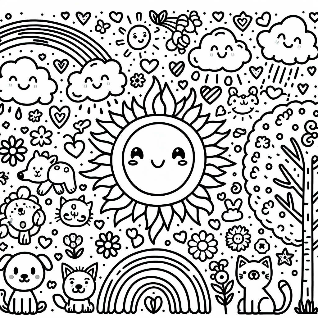 Create a black and white colorless page suited for a 7-year-old. The page should be filled with fun elements like a smiling sun, cute animals such as puppies and kittens, simple trees and flowers, clouds, and maybe even a rainbow. The style should be simple and clear, with thick outlines to make it easy for a child to color within the lines. Remember, the design should be playful and appeal to a child's imagination.