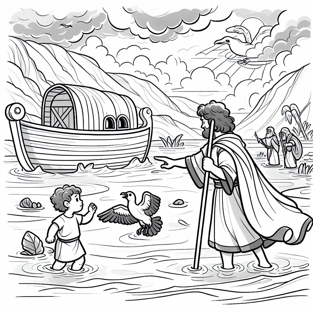 A grayscale line art styled illustration suitable for a 7-year-old's coloring book. The scene should depict a tranquil and child-friendly depiction of classic biblical stories. Possible scenes could include David and Goliath, Noah's Ark, or Moses parting the Red Sea, but keep the imagery age-appropriate, with playful and simple elements to catch a child's attention and induce creativity.