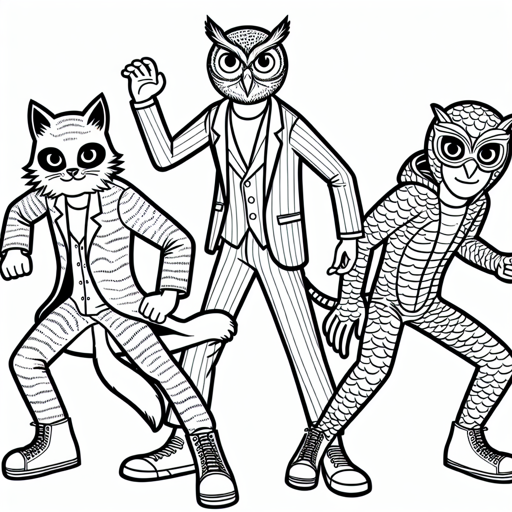 Create a basic black and white coloring book page suitable for a 7-year-old. The page should feature three human characters disguised as nocturnal animals, each with their own unique costumes. One character is dressed as a cat, another dressed as an owl, and the third one dressed as a reptile. They are posed dynamically as if ready to spring into action.