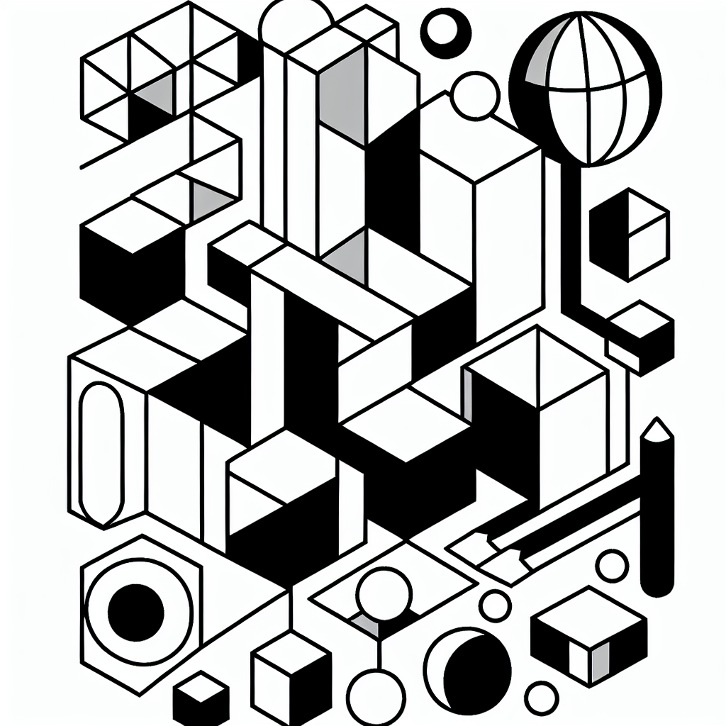 Create a black and white coloring book page suitable for a seven-year-old child, containing abstract geometric shapes inspired by the simplistic aesthetic of online building games. The page should include cubes, spheres, and rectangular prisms to inspire creativity and cognitive development in children. Use bold lines to define the shapes and areas to be colored.