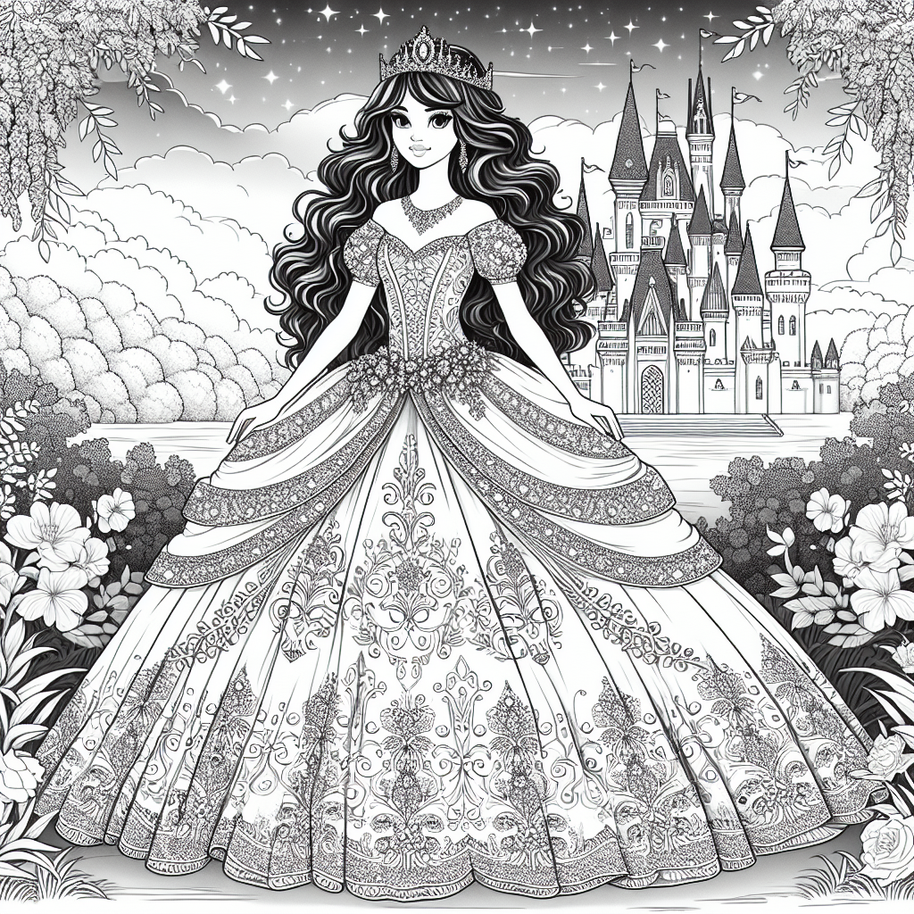 Create a black and white coloring page suitable for a 7-year-old child. The page should feature a princess in an ornate, flowing gown, adorned with jewels. His dark, curly hair should cascade down her shoulders. The background should be a grand castle set amidst a lush, magical forest. Please avoid any specific references to copyrighted characters.