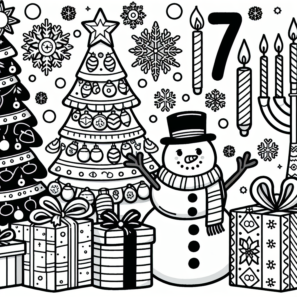 Create a black and white coloring book page for children aged 7. The scene should be set around holiday festivities. Include recognizable elements of some popular festivities such as a festively decorated Christmas tree with gifts underneath, a calming Hanukkah menorah, a joyous Kwanzaa kinara. Furthermore, add a cute snowman for extra holiday cheer. The design needs to be simple, fun, and engaging enough for the target age group.