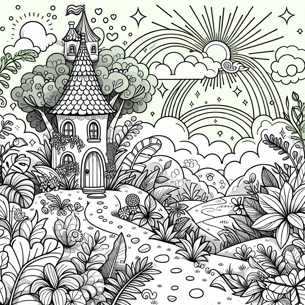 Create a child-friendly, black and white coloring page suitable for a 7-year-old. It should depict an enchanting and magical scenery with a fanciful house upon a hill, surrounded by lush and exotic plants. A small path should lead from the foreground up to the house door. In the sky, make sure to include a radiant sun, fluffy clouds, and a rainbow. This scene should inspire creativity and imagination in a child, similar to a story from an animated magical realism show.