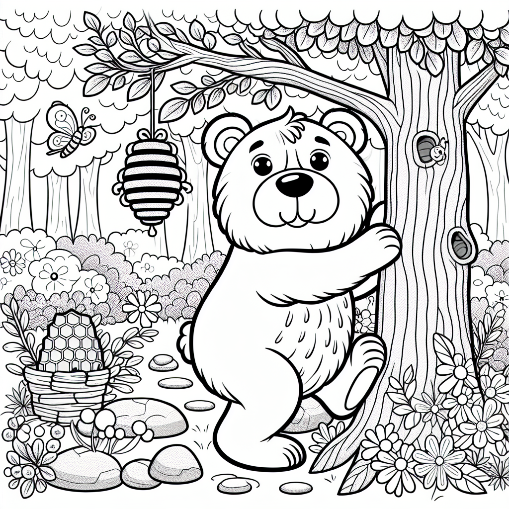 Create a black and white coloring book page suitable for a 7-year-old, featuring a playful and friendly bear in a forest setting. The bear is standing on its hind legs and appears to be reaching for a beehive hanging from a tree branch. There are additional elements of nature such as flowers, stones and butterflies scattered around in the scenario.