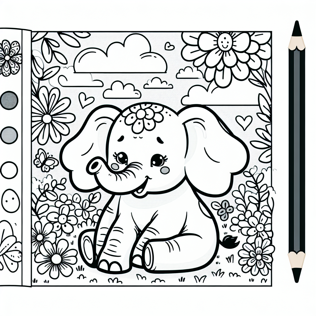 为 7 岁的孩子创建基本的黑白儿童涂色书页。该页面应具有以快乐、温柔的大象为中心的诱人且有趣的场景，为创造力和色彩留出足够的空间。插图的设计必须简单，但令人愉悦且迷人，非常适合激发孩子的想象力。